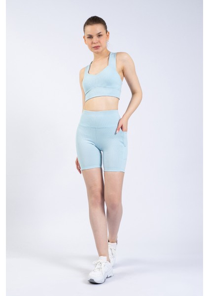 Kadın Mavi Cepli Fitilli Yüksek Bel Spor Şort Tayt 8" fiyatları
