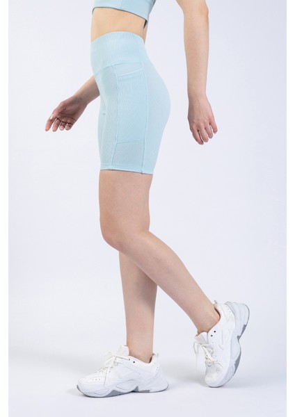 Kadın Mavi Cepli Fitilli Yüksek Bel Spor Şort Tayt 8" modelleri