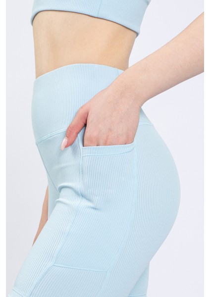 Kadın Mavi Cepli Fitilli Yüksek Bel Spor Şort Tayt 8" fırsatları