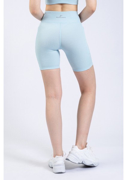 Kadın Mavi Cepli Fitilli Yüksek Bel Spor Şort Tayt 8" indirimleri