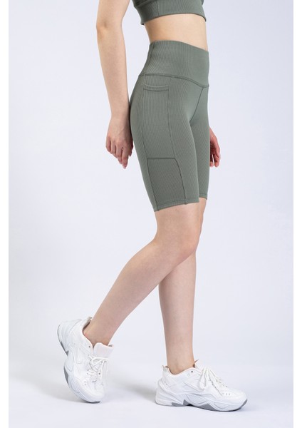 Kadın Çağla Yeşili Cepli Fitilli Yüksek Bel Spor Şort Tayt 8"
