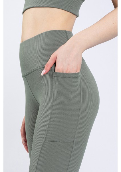 Kadın Çağla Yeşili Cepli Fitilli Yüksek Bel Spor Şort Tayt 8" fırsatları