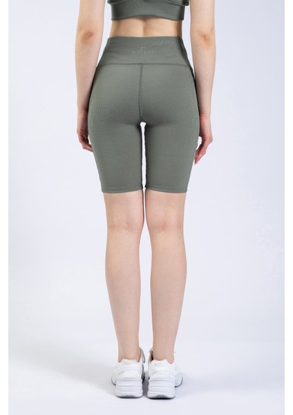 Kadın Çağla Yeşili Cepli Fitilli Yüksek Bel Spor Şort Tayt 8" indirimleri