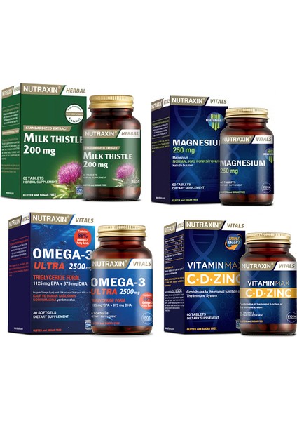 Milk Thistle 60 Tablet+Omega 3 Ultra 2500 Mg 30 Kapsül+Vitamin Max 60 Tablet+Magnesium 60 Tablet