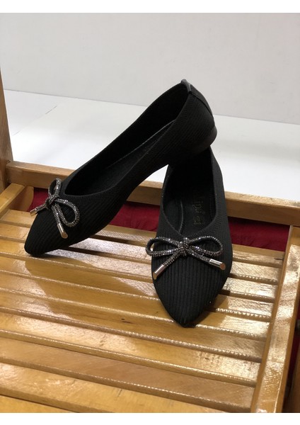 Sivri Burun Taşlı Triko Örgü Yeni Trend Düz Taban Babet