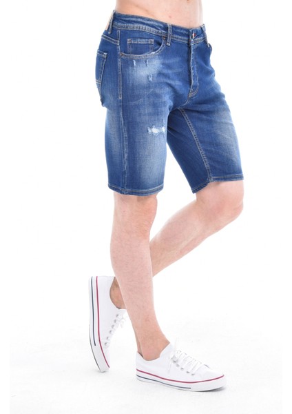 Cedy Denım Erkek Gerze Mavi Yıpratmalı Kot Şort Slim Fit Jean Şort C342