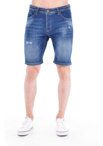 Cedy Denım Erkek Gerze Mavi Yıpratmalı Kot Şort Slim Fit Jean Şort C342