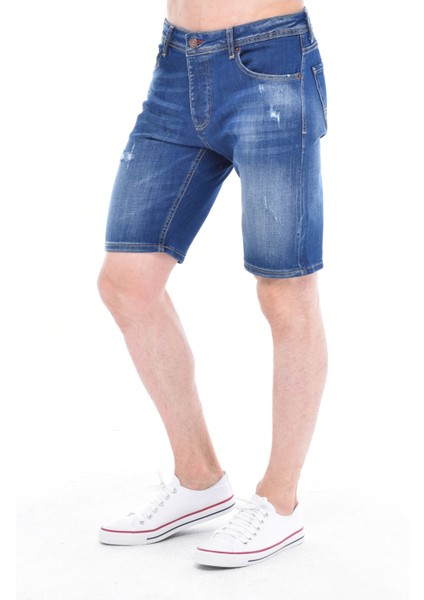 Cedy Denım Erkek Gerze Mavi Yıpratmalı Kot Şort Slim Fit Jean Şort C342