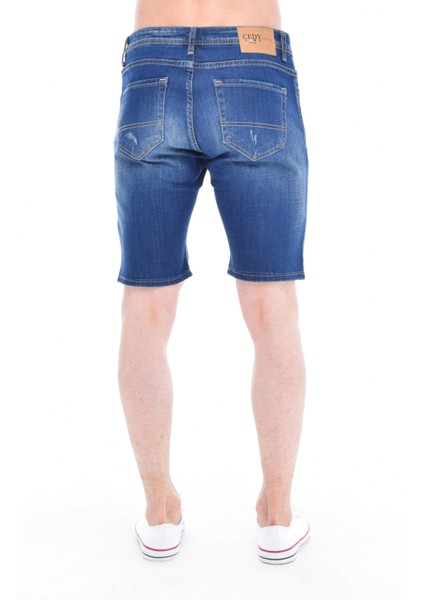 Cedy Denım Erkek Gerze Mavi Yıpratmalı Kot Şort Slim Fit Jean Şort C342
