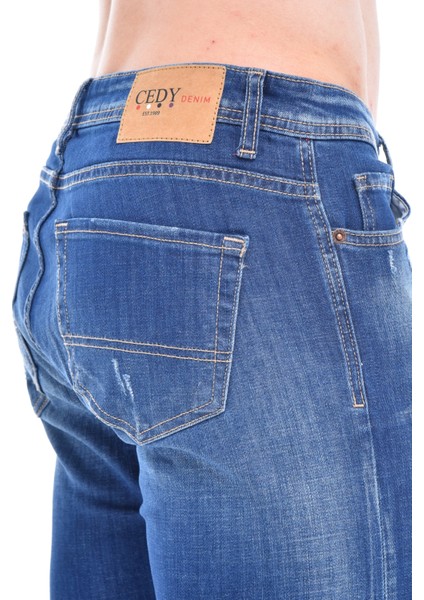 Cedy Denım Erkek Gerze Mavi Yıpratmalı Kot Şort Slim Fit Jean Şort C342