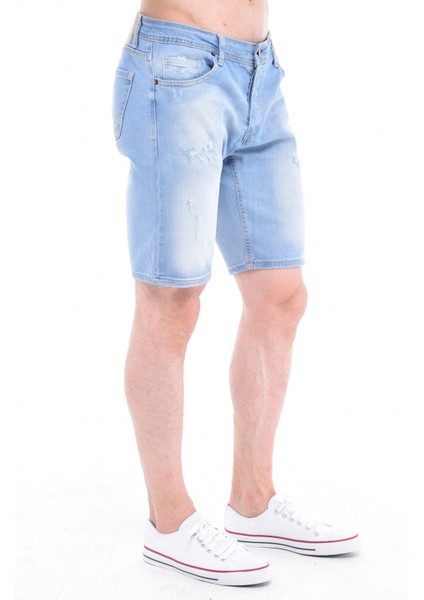 Cedy Denım Erkek Alanya Mavi Yıpratmalı Kot Şort Slim Fit Jean Şort C342