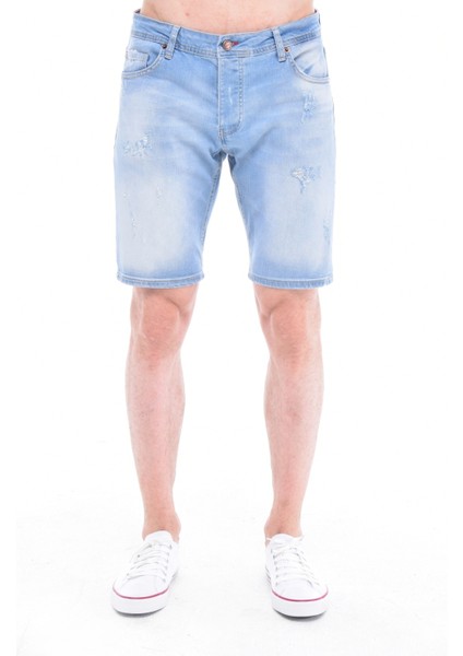 Cedy Denım Erkek Alanya Mavi Yıpratmalı Kot Şort Slim Fit Jean Şort C342