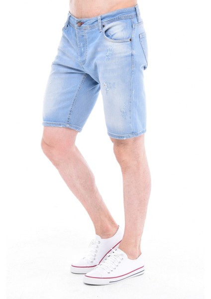 Cedy Denım Erkek Alanya Mavi Yıpratmalı Kot Şort Slim Fit Jean Şort C342