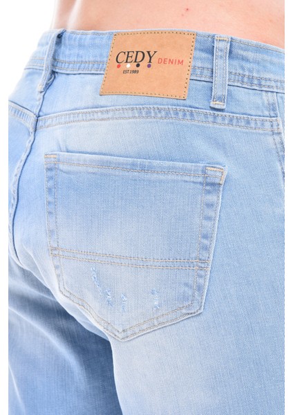 Cedy Denım Erkek Alanya Mavi Yıpratmalı Kot Şort Slim Fit Jean Şort C342