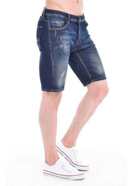 Cedy Denım Erkek Bursa Mavi Yıpratmalı Kot Şort Slim Fit Jean Şort C342