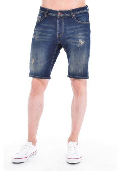 Cedy Denım Erkek Bursa Mavi Yıpratmalı Kot Şort Slim Fit Jean Şort C342