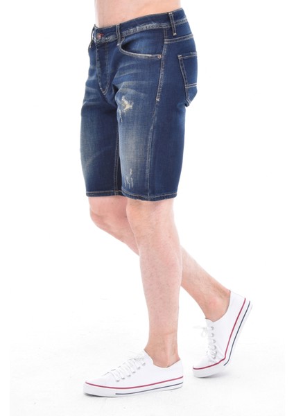 Cedy Denım Erkek Bursa Mavi Yıpratmalı Kot Şort Slim Fit Jean Şort C342