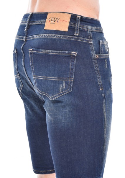Cedy Denım Erkek Bursa Mavi Yıpratmalı Kot Şort Slim Fit Jean Şort C342