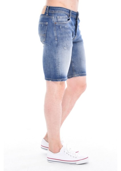 Cedy Denım Erkek Akçay Mavi Yıpratmalı Kot Şort Slim Fit Jean Şort C342