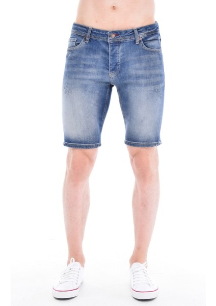 Cedy Denım Erkek Akçay Mavi Yıpratmalı Kot Şort Slim Fit Jean Şort C342