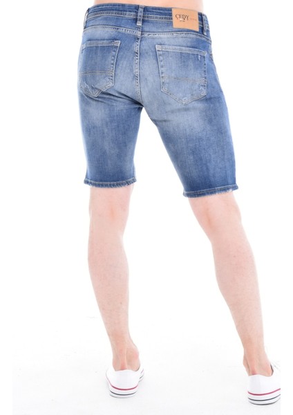 Cedy Denım Erkek Akçay Mavi Yıpratmalı Kot Şort Slim Fit Jean Şort C342
