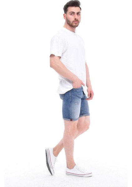 Cedy Denım Erkek Akçay Mavi Yıpratmalı Kot Şort Slim Fit Jean Şort C342