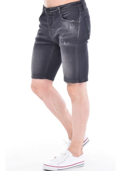 Cedy Denım Erkek Havana Antrasit Yıpratmalı Kot Şort Slim Fit Jean Şort C342