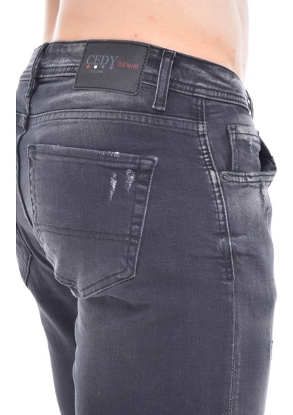 Cedy Denım Erkek Havana Antrasit Yıpratmalı Kot Şort Slim Fit Jean Şort C342