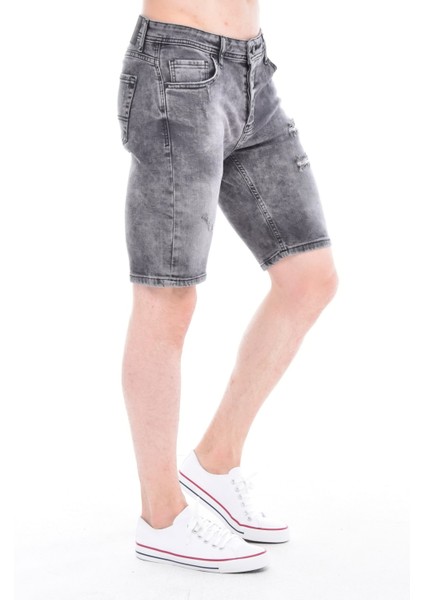 Cedy Denım Erkek Makedon Gri Yıpratmalı Kot Şort Slim Fit Jean Şort C342