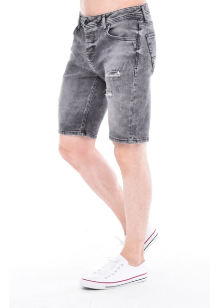 Cedy Denım Erkek Makedon Gri Yıpratmalı Kot Şort Slim Fit Jean Şort C342 modelleri