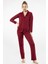 3365 Kadın Uzun Kollu Gömlek Yaka Pijama Takım-Bordo 2