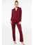 3365 Kadın Uzun Kollu Gömlek Yaka Pijama Takım-Bordo 3