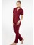 3368 Kadın Kısa Kollu Gömlek Yaka Pijama Takım-Bordo 3