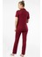 3368 Kadın Kısa Kollu Gömlek Yaka Pijama Takım-Bordo 5