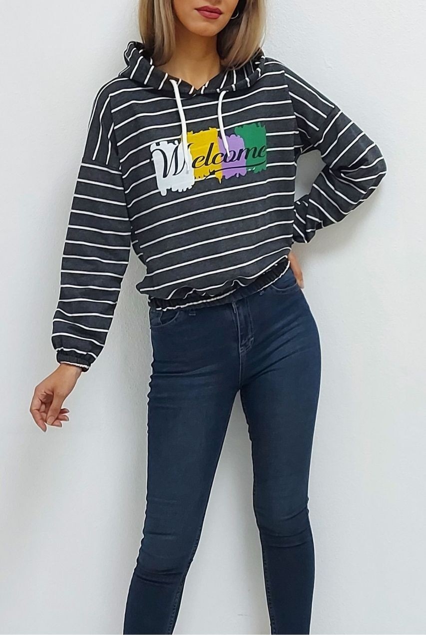 MaxStore01 Kapüşonlu Welcome Baskılı Ince Çizgili Sweatshirt Antrasit