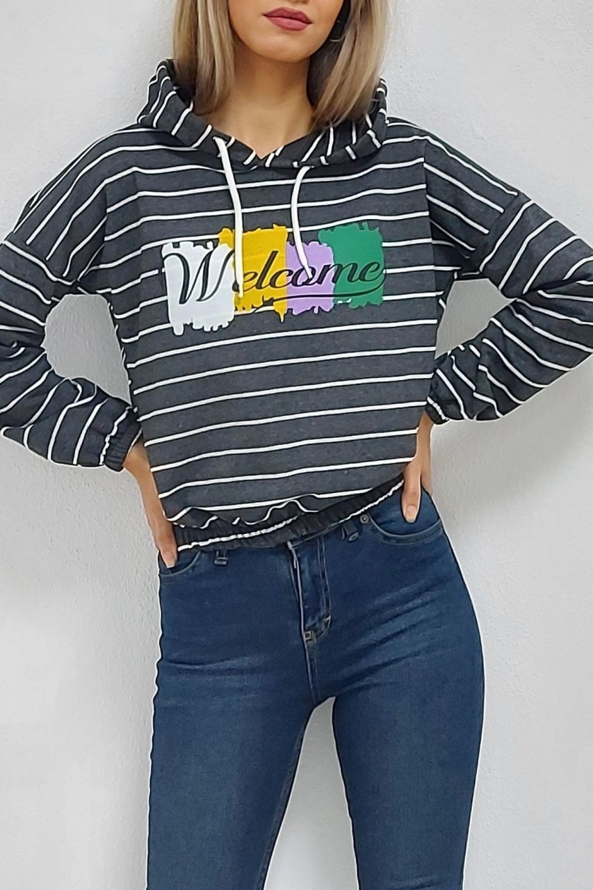 MaxStore01 Kapüşonlu Welcome Baskılı Ince Çizgili Sweatshirt Antrasit görsel 2