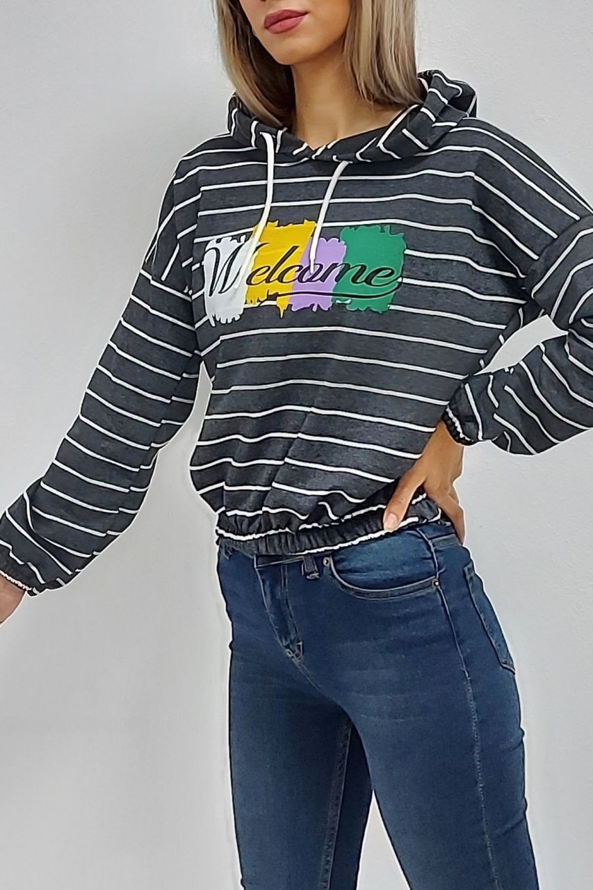 MaxStore01 Kapüşonlu Welcome Baskılı Ince Çizgili Sweatshirt Antrasit görsel 3
