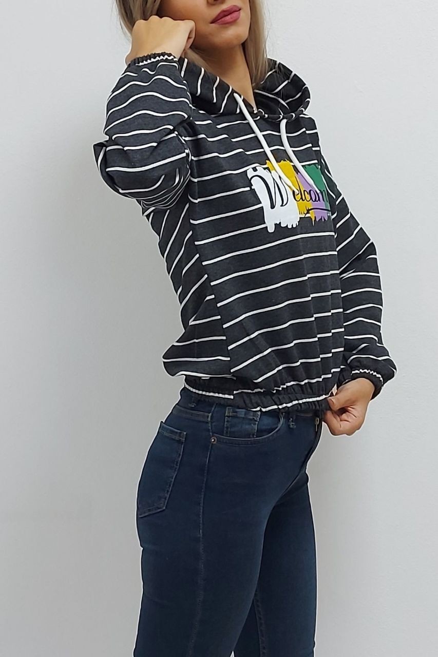MaxStore01 Kapüşonlu Welcome Baskılı Ince Çizgili Sweatshirt Antrasit görsel 4