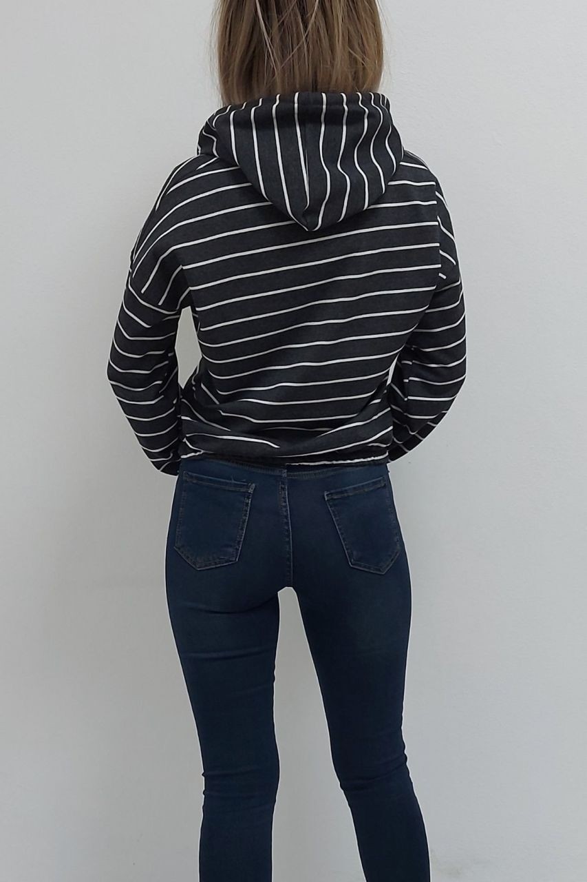 MaxStore01 Kapüşonlu Welcome Baskılı Ince Çizgili Sweatshirt Antrasit görsel 5