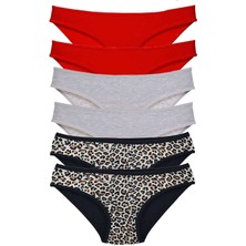 6 Adet Likralı Kadın Slip Külot Leopar Kırmızı Gri