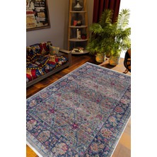 Salon Halısı Otantik Eskitme Mavi Kaydırmaz Kesme Yıkanabilir Ince Halı Tüysüz Kilim