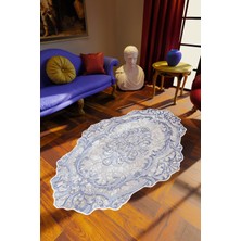 Klasik Mavi Gri Kaydırmaz Kesme Yıkanabilir Ince Halı