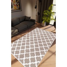 Modern Geometrik Fas Desenli Gri Kahverengi Beyaz Kaydırmaz Kesme Yıkanabilir Ince Halı