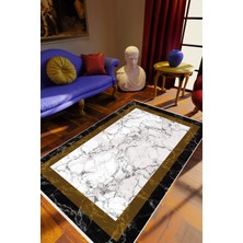 Eskitme Geometrik Çerçeve Desenli Mermer Kahverengi Beyaz Siyah Kaydırmaz Kesme Yıkanabilir Ince Hal