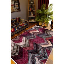 Salon Halısı Kilim Otantik Eskitme Zikzak Pembe Kaydırmaz Yıkanabilir Ince Halı Tüysüz Kilim