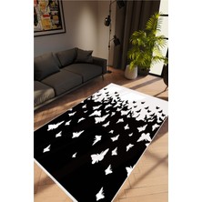 Salon Halısı Çiçekli Kelebek Desen Siyah Beyaz Kaydırmaz Yıkanabilir Ince Halı Tüysüz Kilim