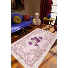 Salon Halısı Figürlü Çiçekli Mor Gri Kaydırmaz Kesme Yıkanabilir Ince Halı Tüysüz Kilim