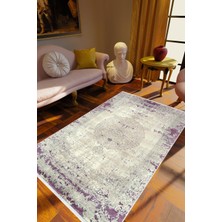 Salon Halısı Klasik Eskitme Mor Beyaz Kaydırmaz Kesme Yıkanabilir Ince Halı Tüysüz Kilim