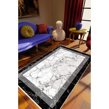 Eskitme Geometrik Çerçeve Desenli Mermer Gri Siyah  Beyaz Kaydırmaz Kesme Yıkanabilir Ince Halı