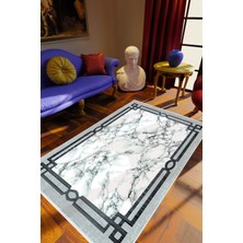 Eskitme Geometrik Çerçeve Desenli Mermer Gri Beyaz Kaydırmaz Kesme Yıkanabilir Ince Halı